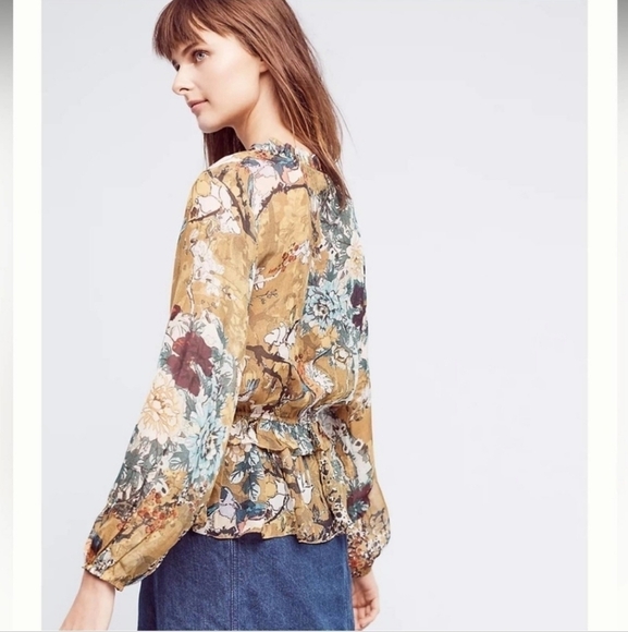Hemant & Nandita Keystone Silk Blouse Sheer Floral Print Feminine Peplum(L) - Picture 5 of 14
